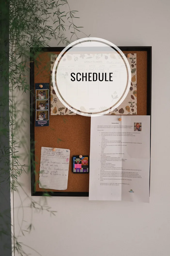 Memory board filled with a calendar, school notes, and photos.